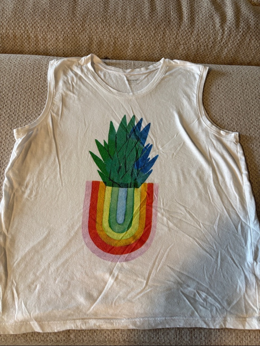 Old Navy White Tank Top with Green & Blue Pineapple and Rainbow Graphic